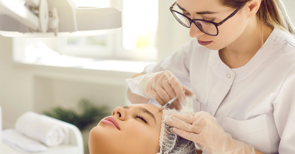 Woman receiving a Sculptra cosmetic injection in Portsmouth, NH, from a clinician in a bright medical setting.